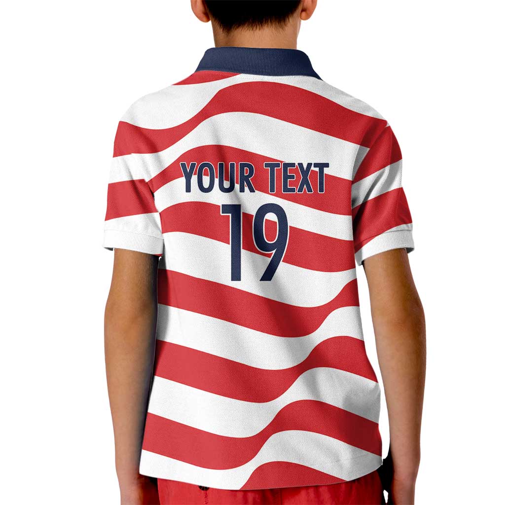 Custom World Football 2026 USA Kid Polo Shirt Wavy American Flag Stripes Graphic