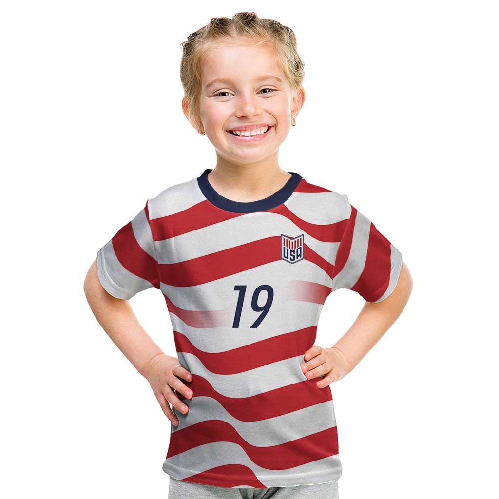 Custom World Football 2026 USA Kid T Shirt Wavy American Flag Stripes Graphic
