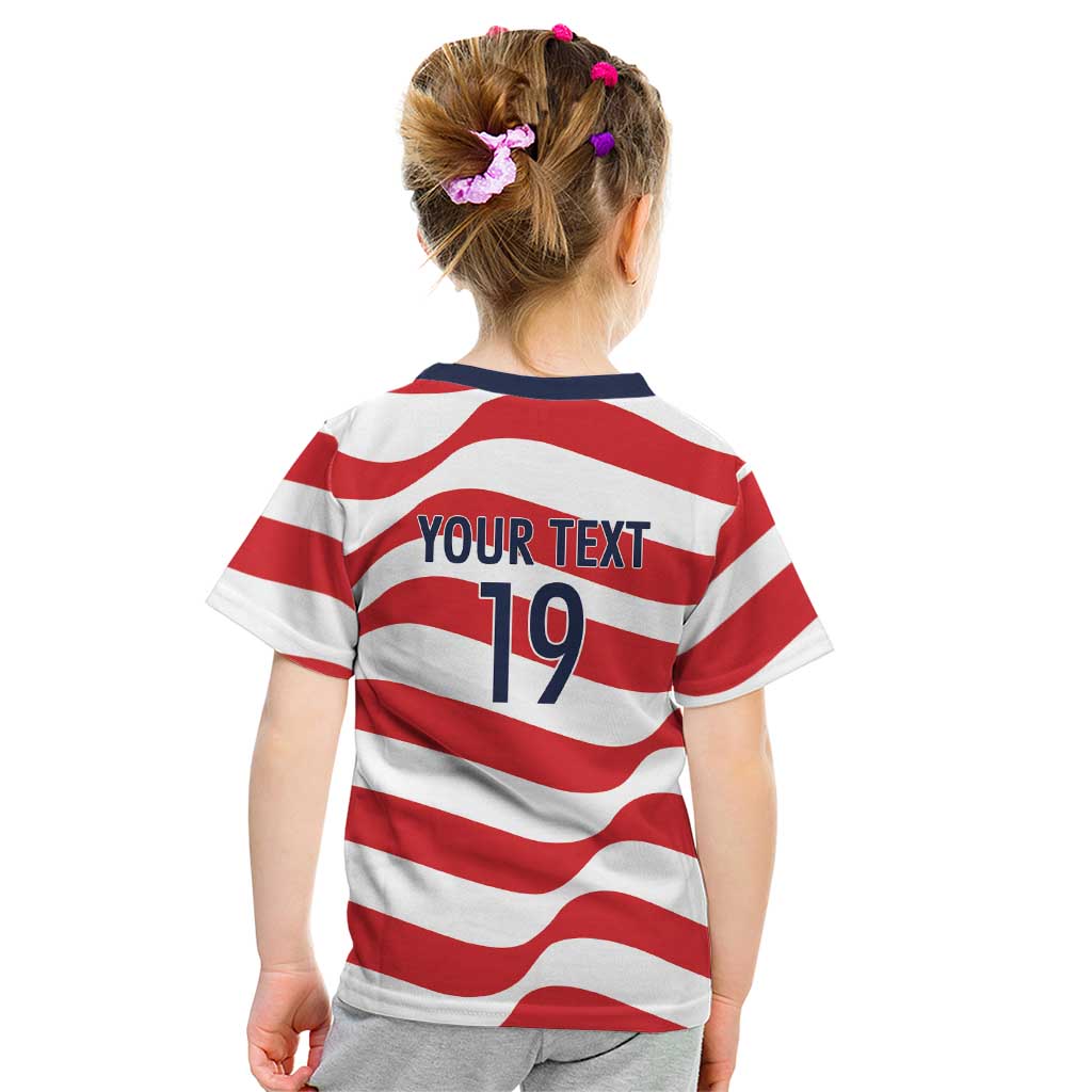 Custom World Football 2026 USA Kid T Shirt Wavy American Flag Stripes Graphic