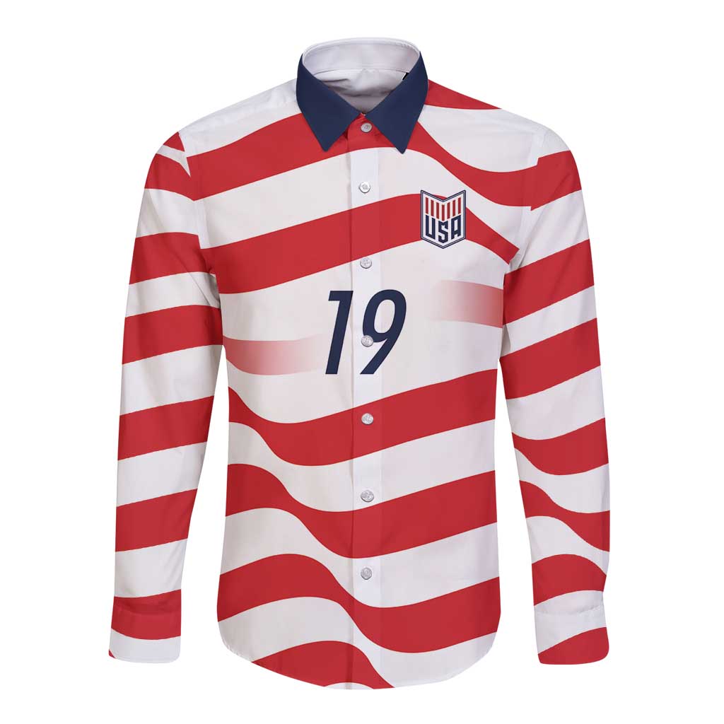 Custom World Football 2026 USA Long Sleeve Button Shirt Wavy American Flag Stripes Graphic