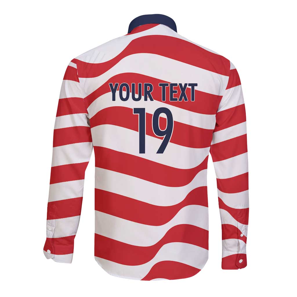Custom World Football 2026 USA Long Sleeve Button Shirt Wavy American Flag Stripes Graphic