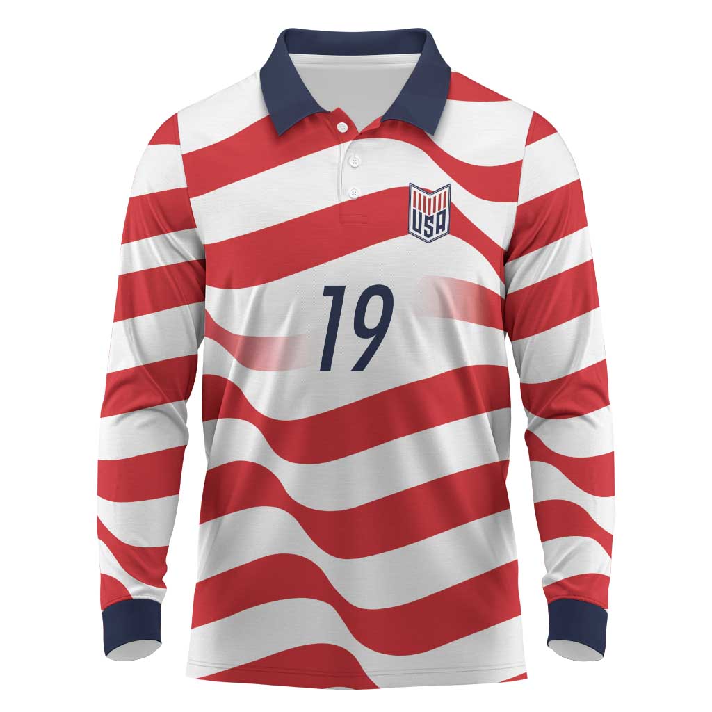 Custom World Football 2026 USA Long Sleeve Polo Shirt Wavy American Flag Stripes Graphic