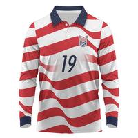 Custom World Football 2026 USA Long Sleeve Polo Shirt Wavy American Flag Stripes Graphic