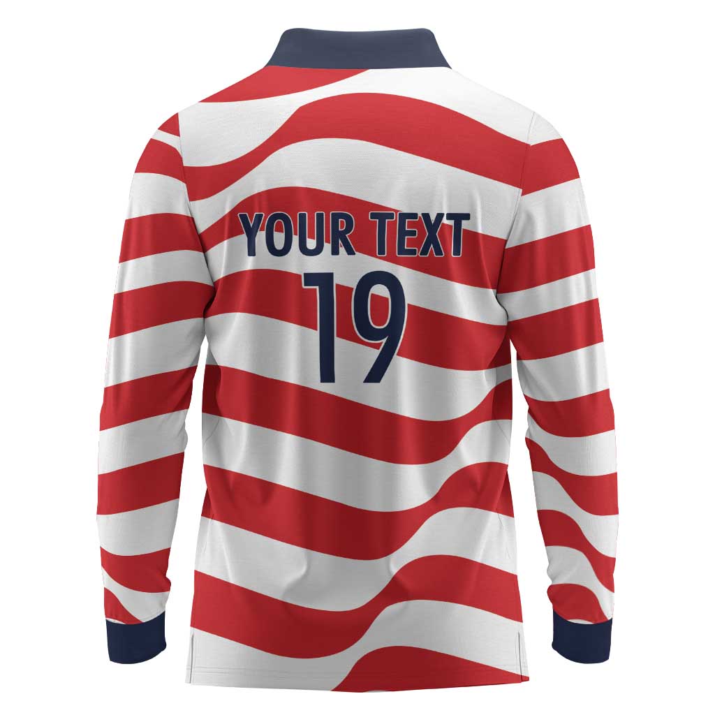 Custom World Football 2026 USA Long Sleeve Polo Shirt Wavy American Flag Stripes Graphic
