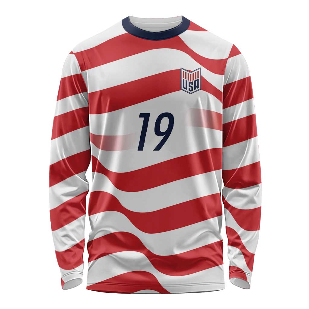 Custom World Football 2026 USA Long Sleeve Shirt Wavy American Flag Stripes Graphic