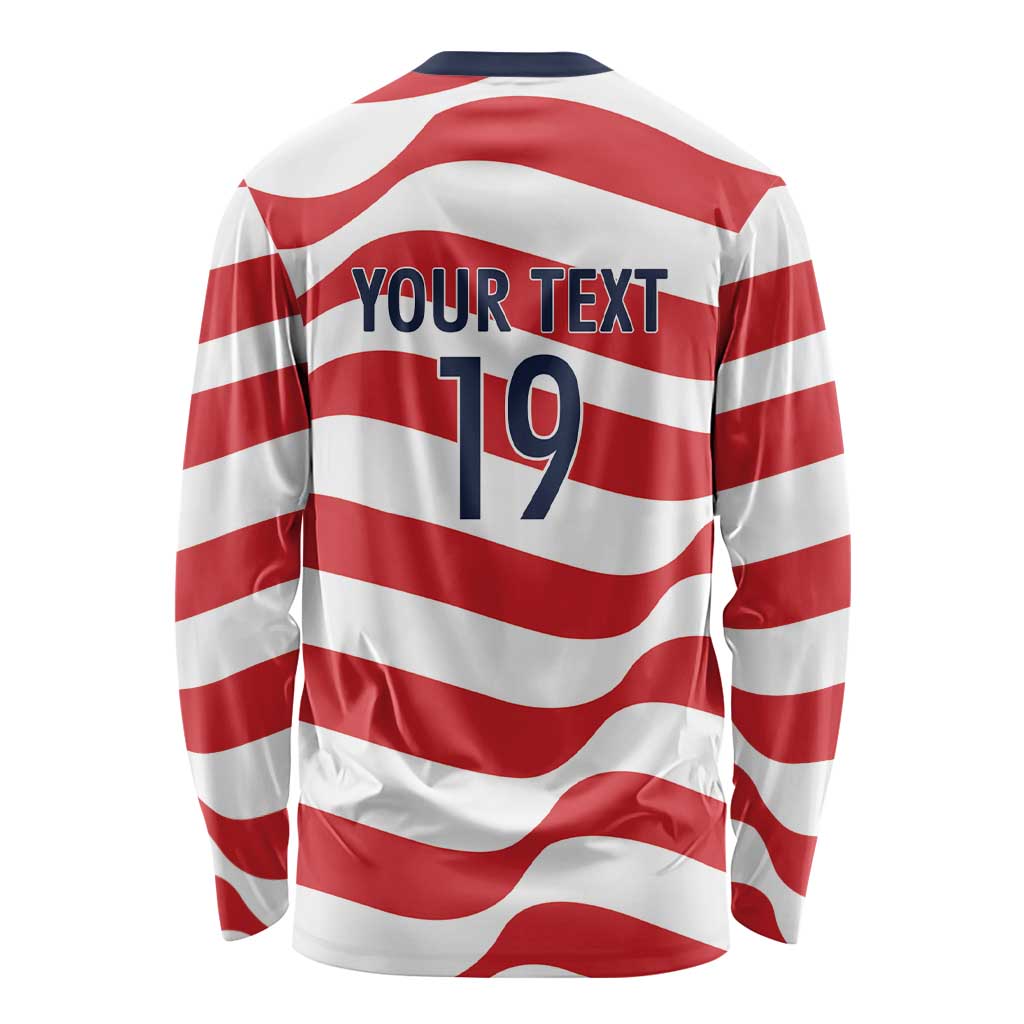 Custom World Football 2026 USA Long Sleeve Shirt Wavy American Flag Stripes Graphic
