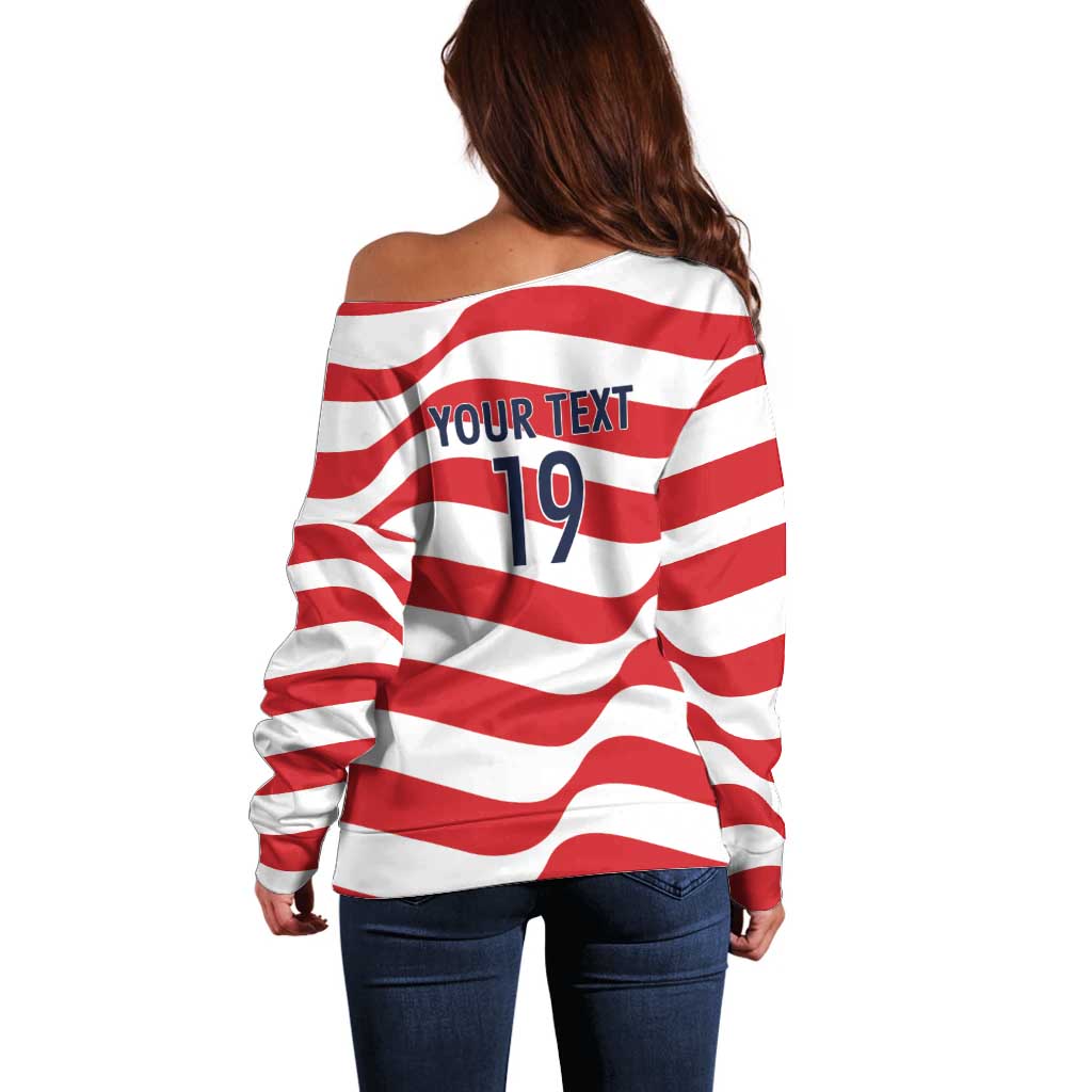 Custom World Football 2026 USA Off Shoulder Sweater Wavy American Flag Stripes Graphic