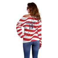 Custom World Football 2026 USA Off Shoulder Sweater Wavy American Flag Stripes Graphic