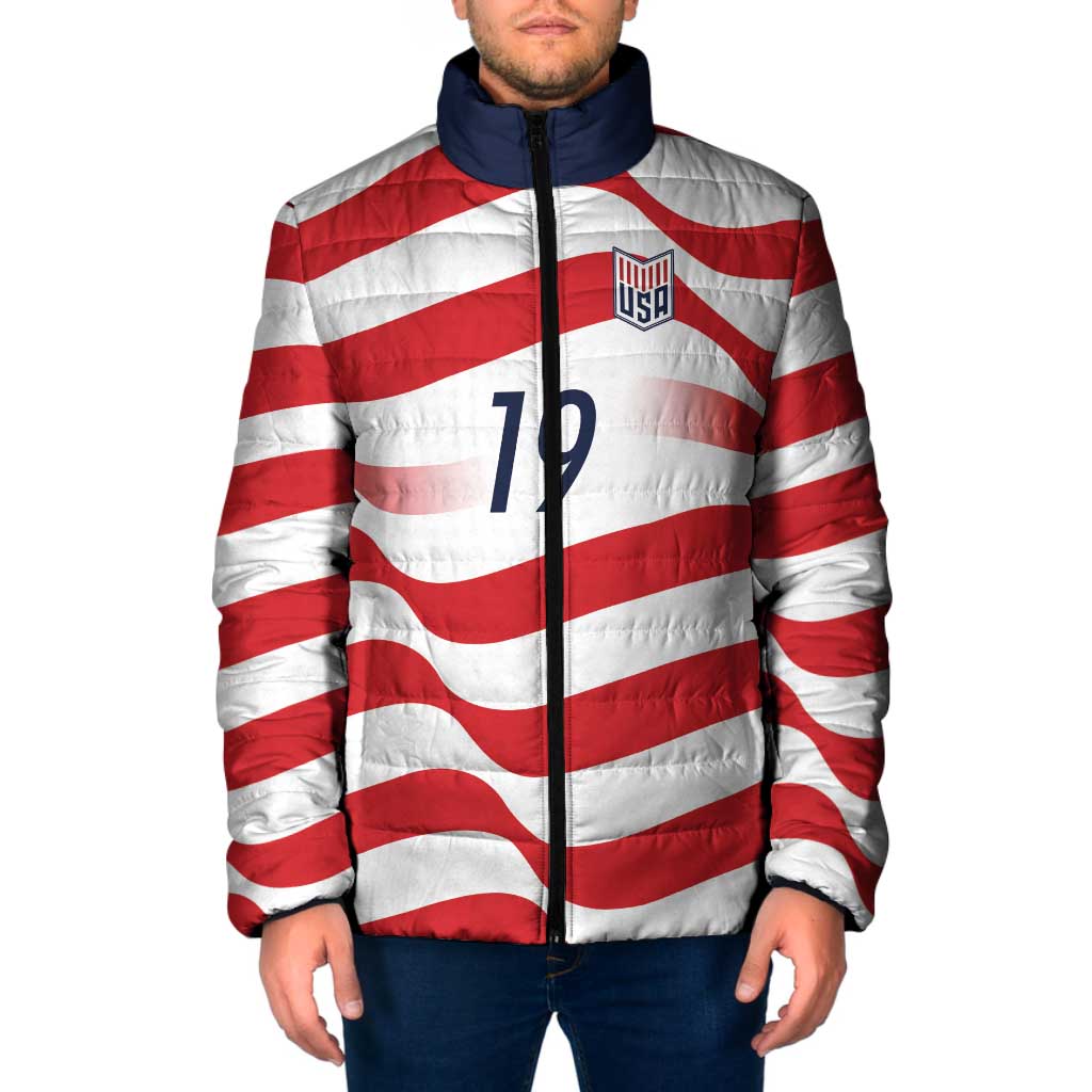 Custom World Football 2026 USA Padded Jacket Wavy American Flag Stripes Graphic