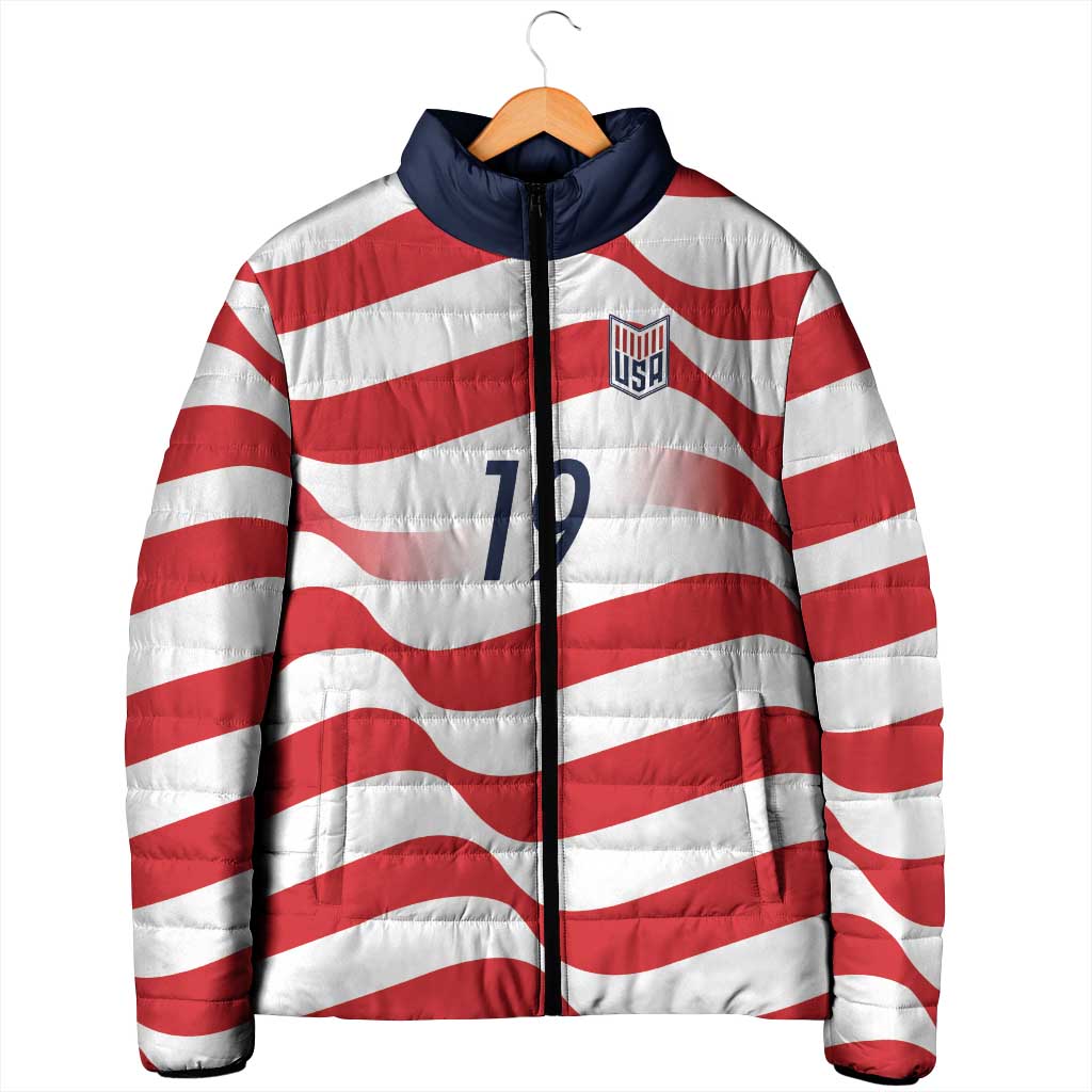 Custom World Football 2026 USA Padded Jacket Wavy American Flag Stripes Graphic