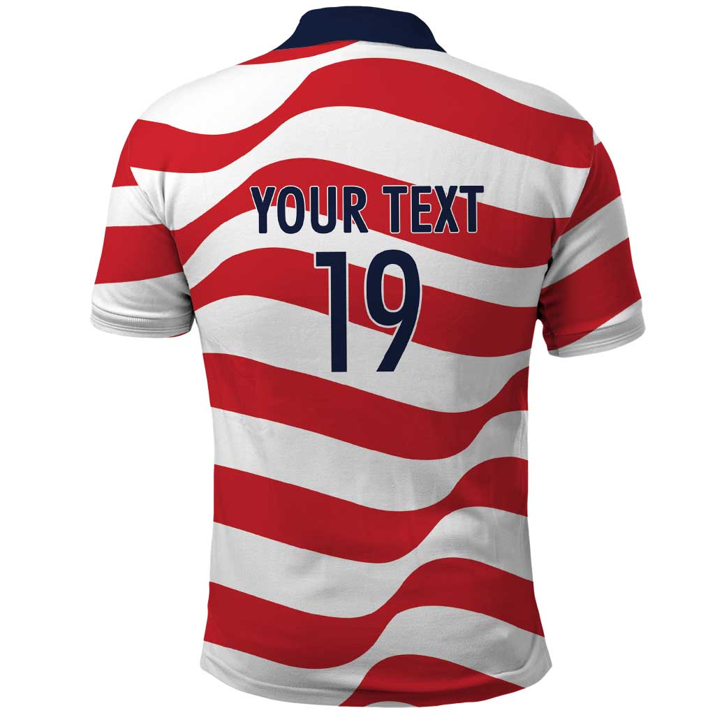 Custom World Football 2026 USA Polo Shirt Wavy American Flag Stripes Graphic