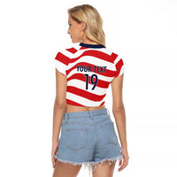 Custom World Football 2026 USA Raglan Cropped T Shirt Wavy American Flag Stripes Graphic