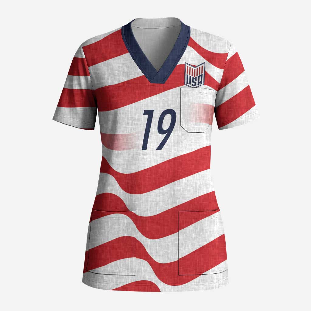 Custom World Football 2026 USA Scrub Top Wavy American Flag Stripes Graphic