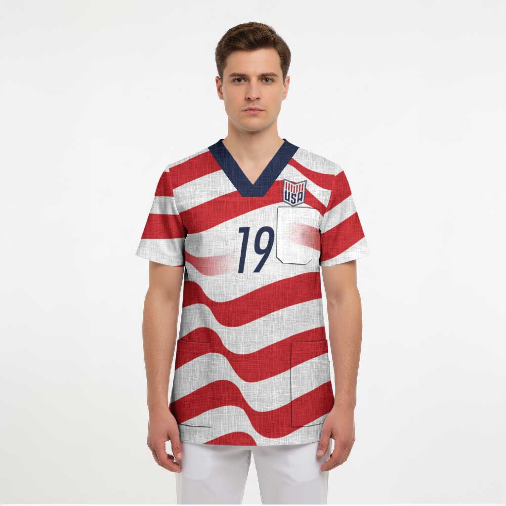 Custom World Football 2026 USA Scrub Top Wavy American Flag Stripes Graphic