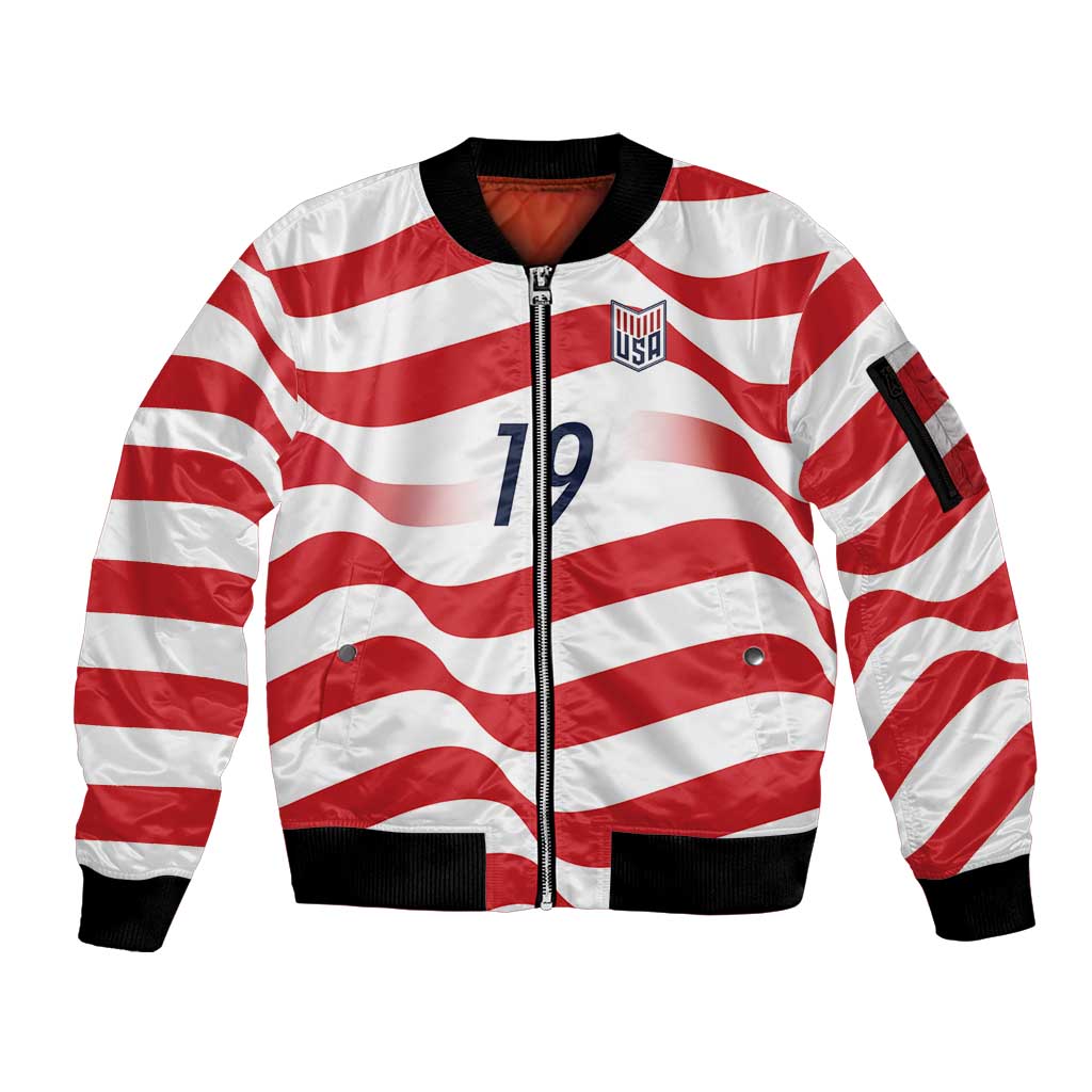 Custom World Football 2026 USA Sleeve Zip Bomber Jacket Wavy American Flag Stripes Graphic