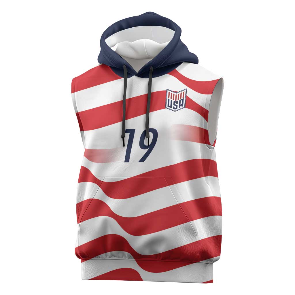 Custom World Football 2026 USA Sleeveless Hoodie Wavy American Flag Stripes Graphic