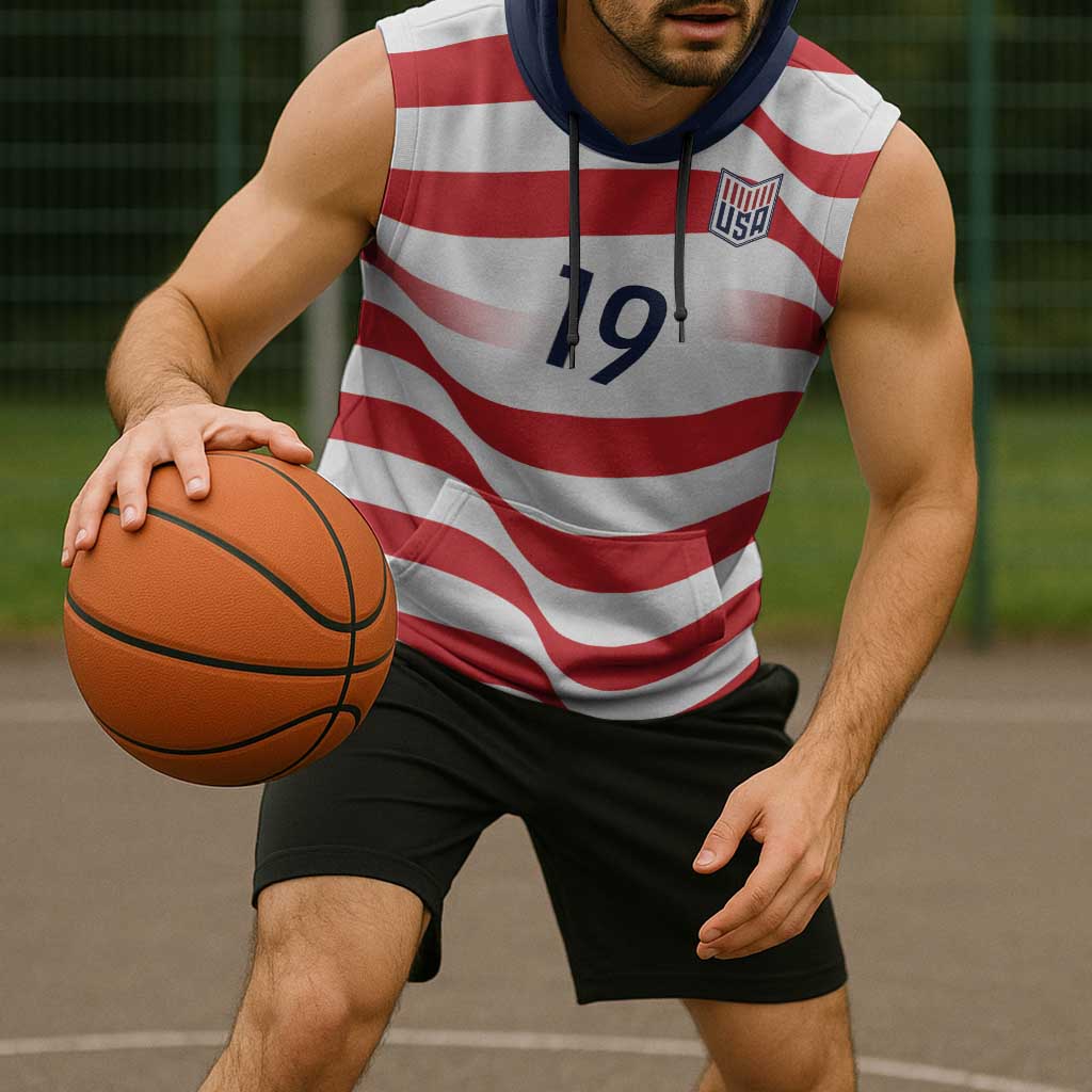 Custom World Football 2026 USA Sleeveless Hoodie Wavy American Flag Stripes Graphic
