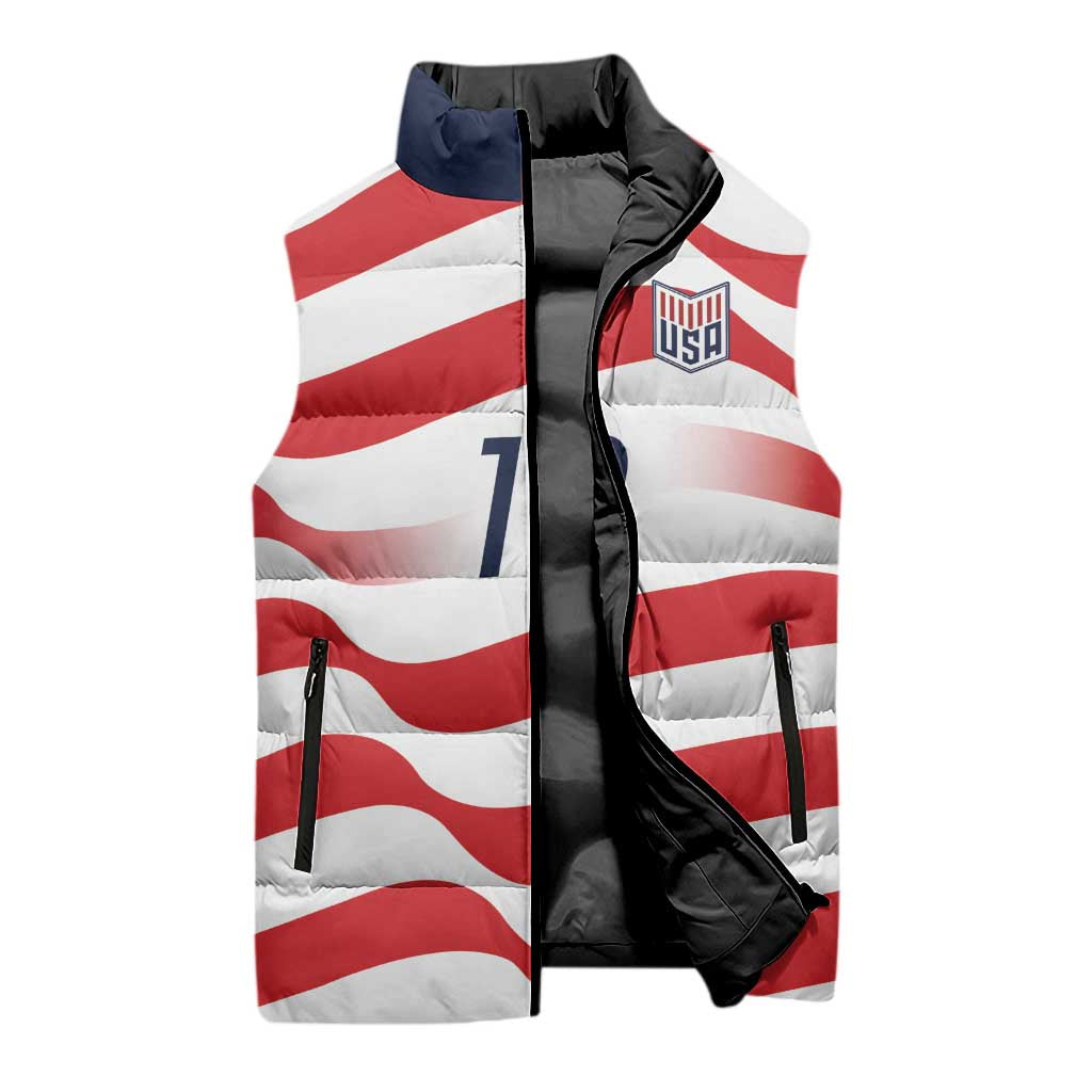 Custom World Football 2026 USA Sleeveless Puffer Jacket Wavy American Flag Stripes Graphic