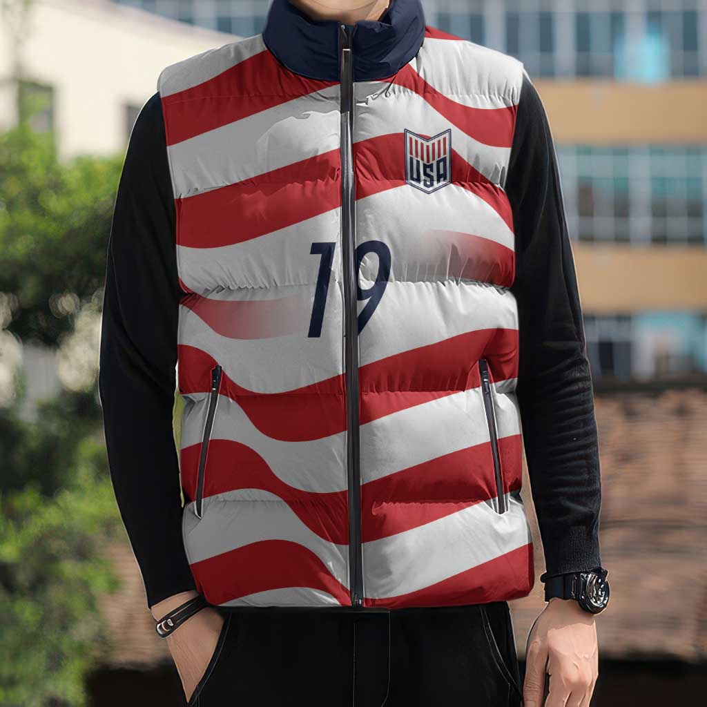 Custom World Football 2026 USA Sleeveless Puffer Jacket Wavy American Flag Stripes Graphic