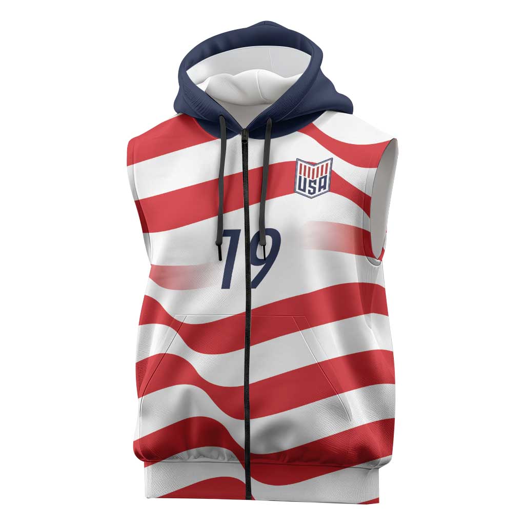 Custom World Football 2026 USA Sleeveless Zip Hoodie Wavy American Flag Stripes Graphic