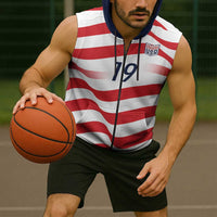 Custom World Football 2026 USA Sleeveless Zip Hoodie Wavy American Flag Stripes Graphic