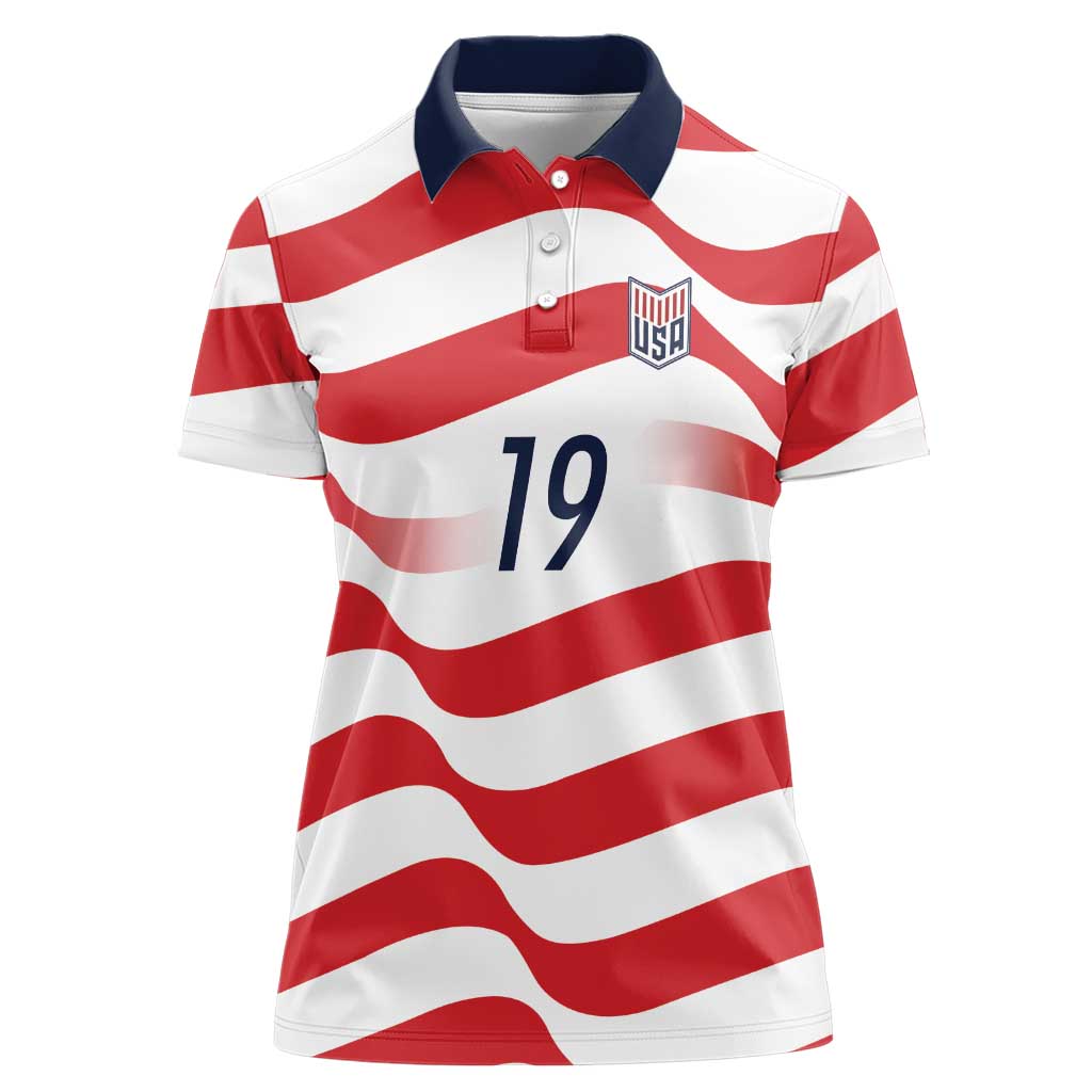 Custom World Football 2026 USA Women Polo Shirt Wavy American Flag Stripes Graphic