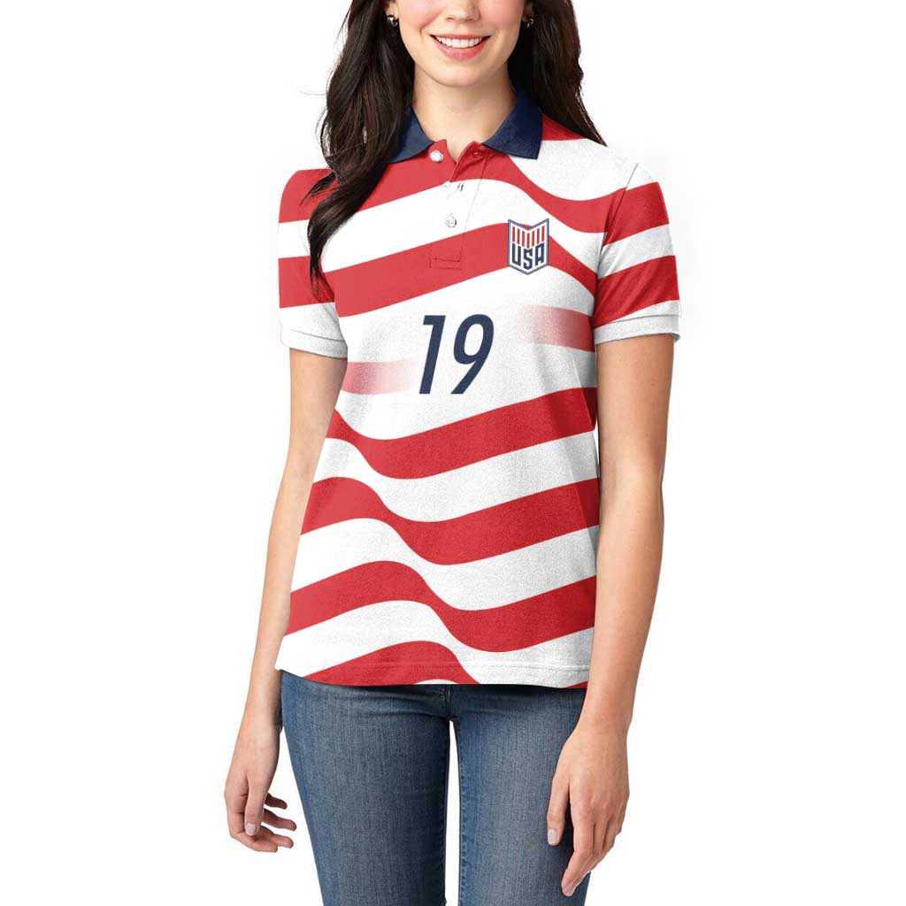Custom World Football 2026 USA Women Polo Shirt Wavy American Flag Stripes Graphic