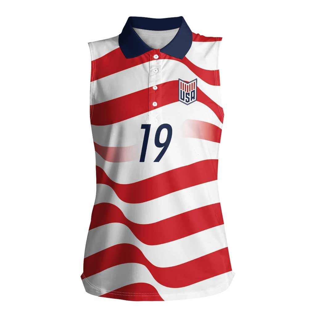 Custom World Football 2026 USA Women Sleeveless Polo Shirt Wavy American Flag Stripes Graphic