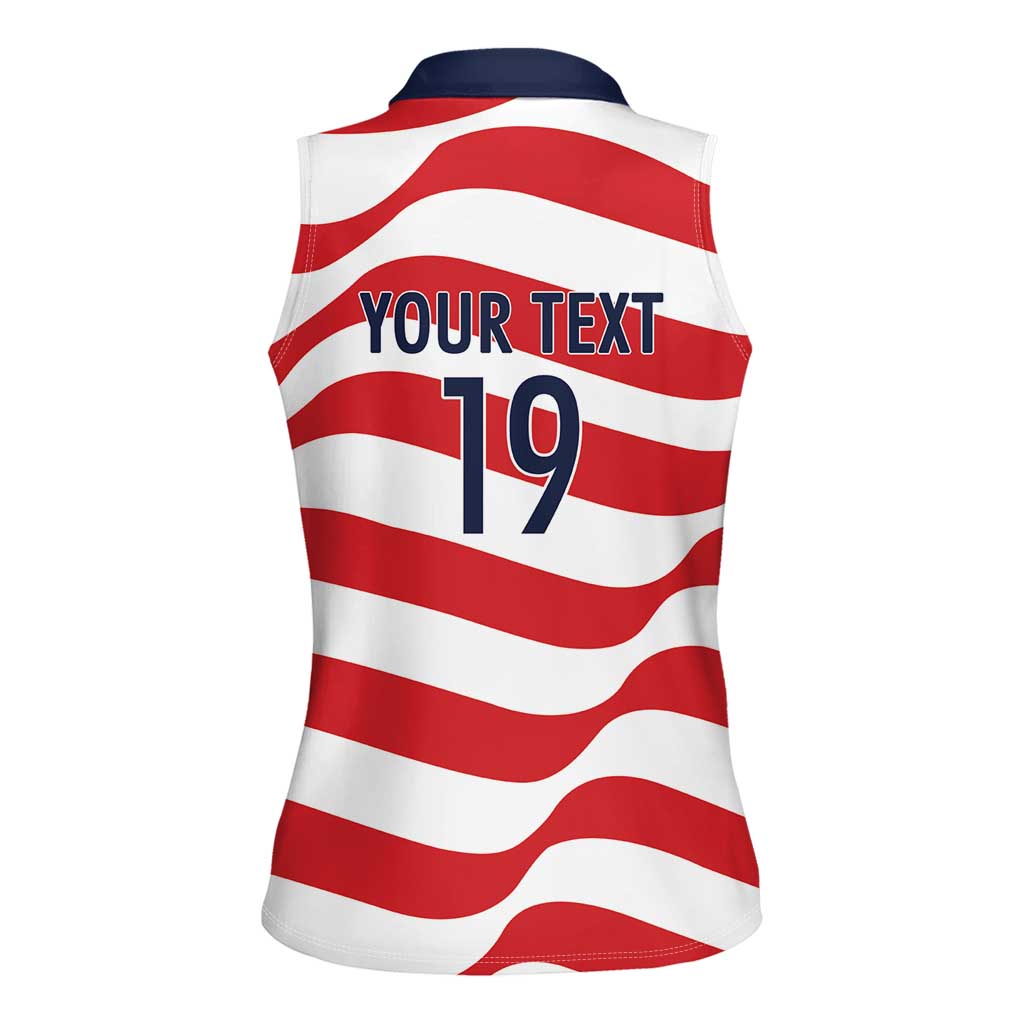 Custom World Football 2026 USA Women Sleeveless Polo Shirt Wavy American Flag Stripes Graphic