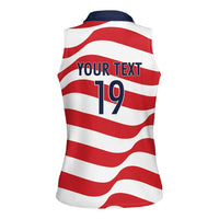 Custom World Football 2026 USA Women Sleeveless Polo Shirt Wavy American Flag Stripes Graphic