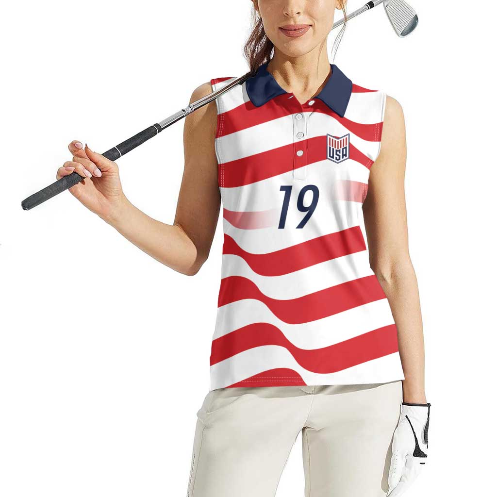 Custom World Football 2026 USA Women Sleeveless Polo Shirt Wavy American Flag Stripes Graphic