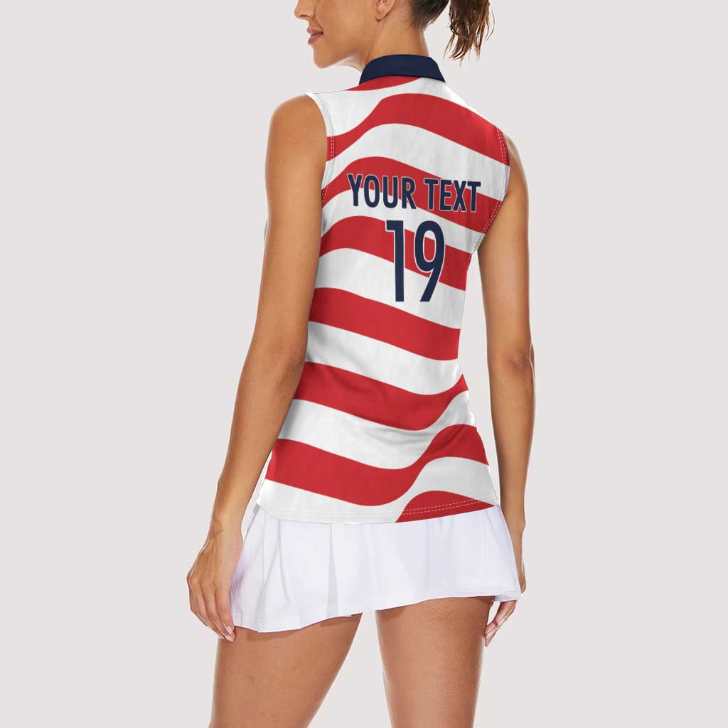 Custom World Football 2026 USA Women Sleeveless Polo Shirt Wavy American Flag Stripes Graphic