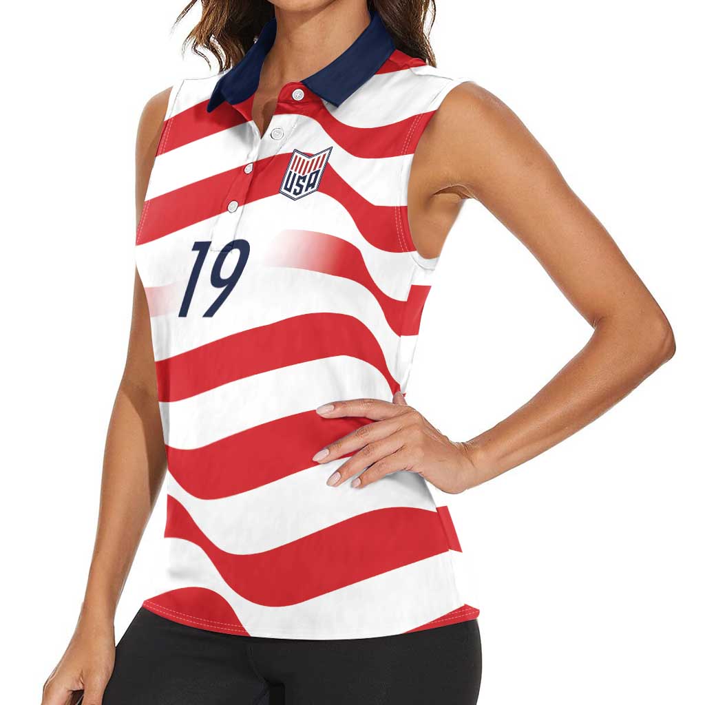 Custom World Football 2026 USA Women Sleeveless Polo Shirt Wavy American Flag Stripes Graphic