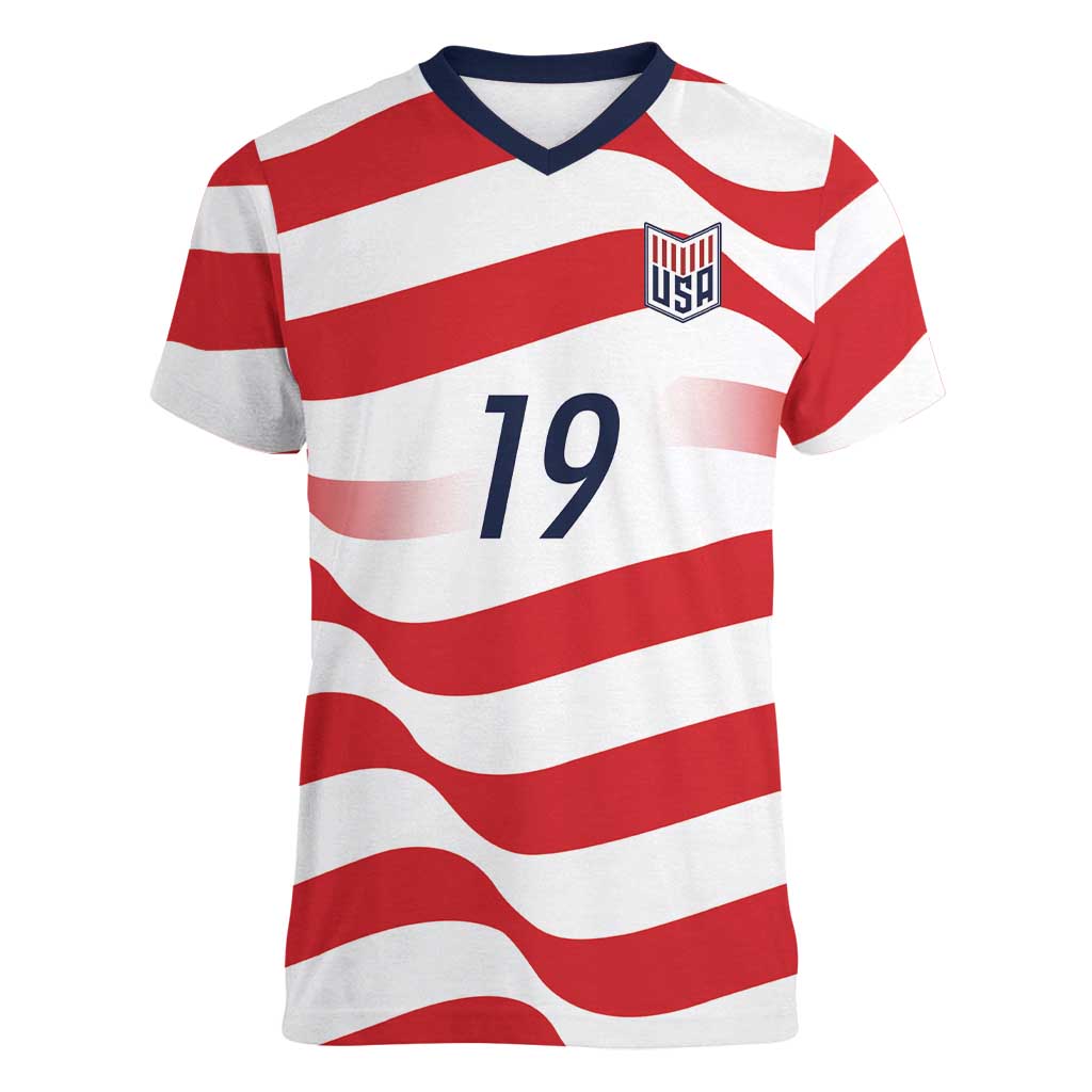 Custom World Football 2026 USA Women V-Neck T-Shirt Wavy American Flag Stripes Graphic