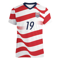 Custom World Football 2026 USA Women V-Neck T-Shirt Wavy American Flag Stripes Graphic