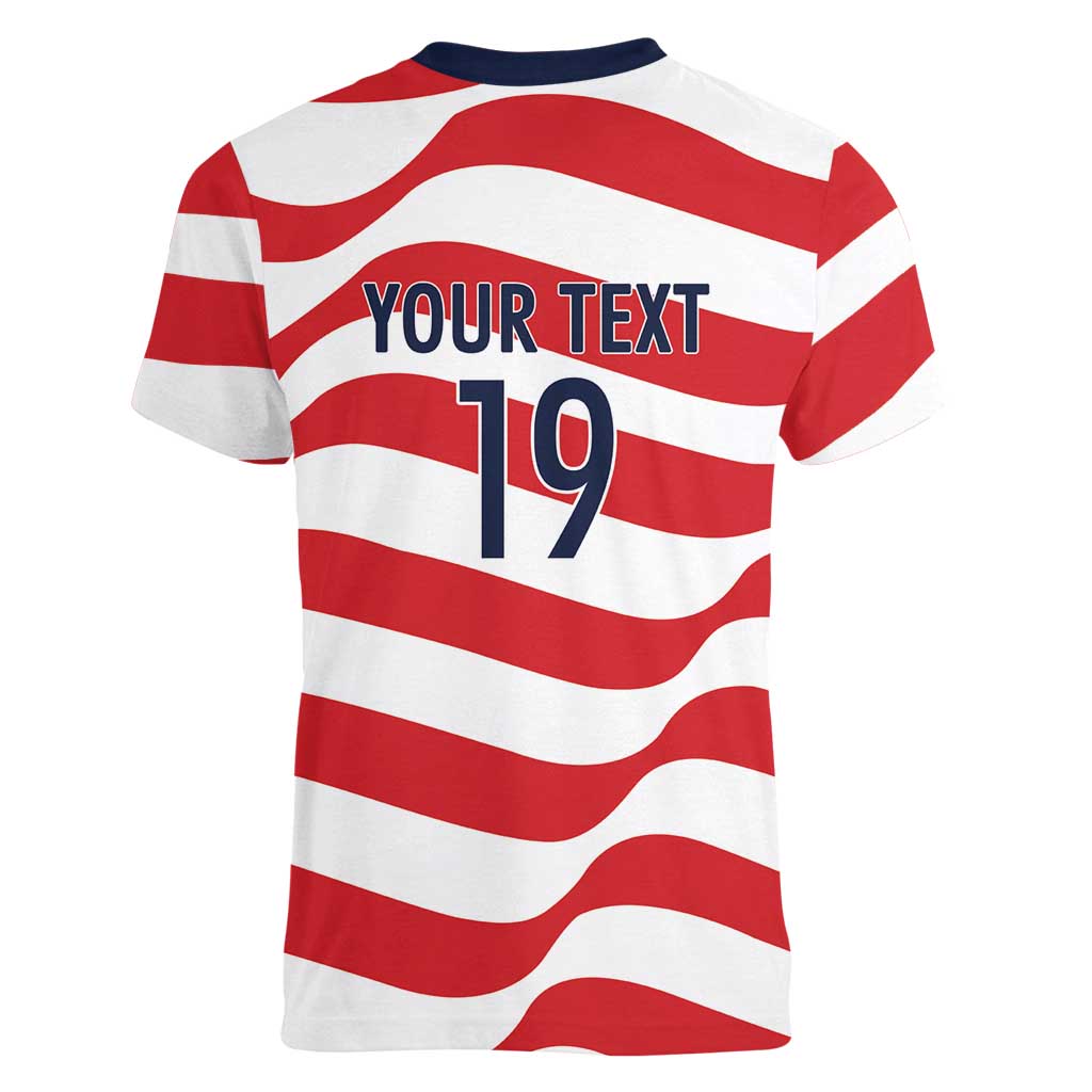 Custom World Football 2026 USA Women V-Neck T-Shirt Wavy American Flag Stripes Graphic