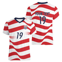 Custom World Football 2026 USA Women V-Neck T-Shirt Wavy American Flag Stripes Graphic