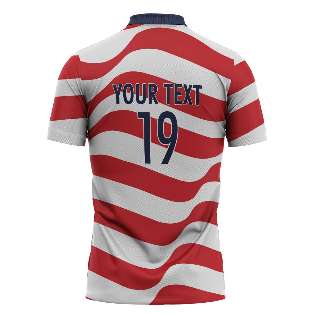 Custom World Football 2026 USA Zipper Polo Shirt Wavy American Flag Stripes Graphic