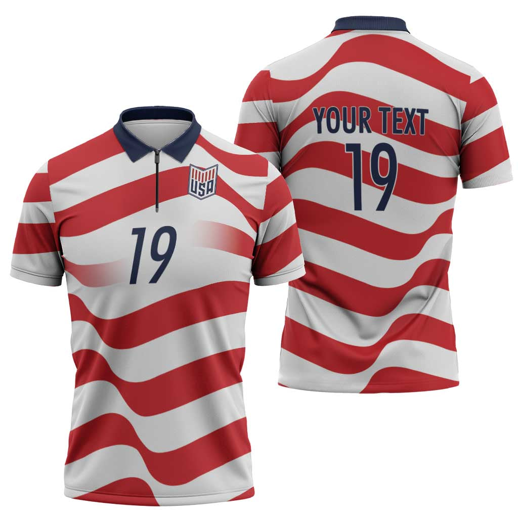 Custom World Football 2026 USA Zipper Polo Shirt Wavy American Flag Stripes Graphic
