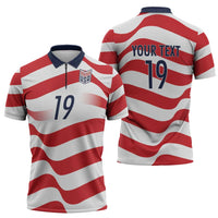 Custom World Football 2026 USA Zipper Polo Shirt Wavy American Flag Stripes Graphic
