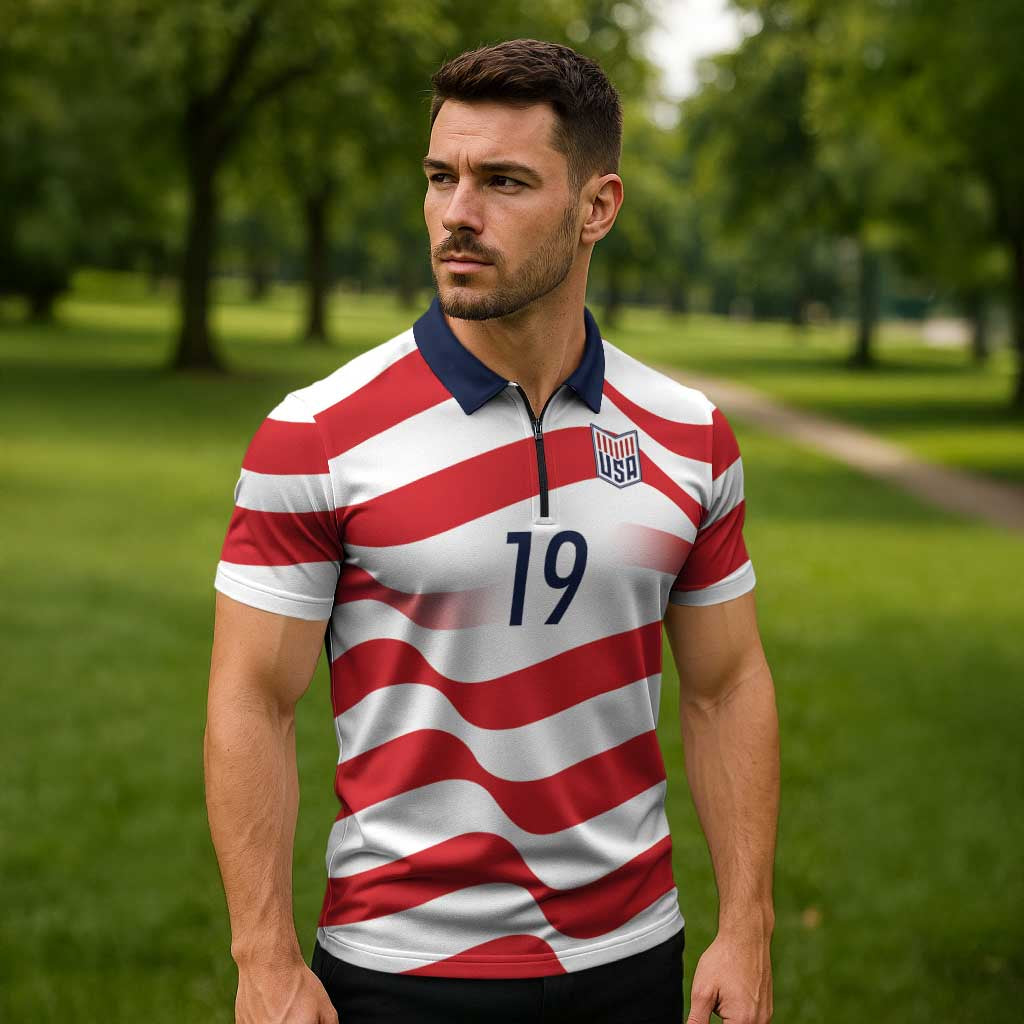 Custom World Football 2026 USA Zipper Polo Shirt Wavy American Flag Stripes Graphic