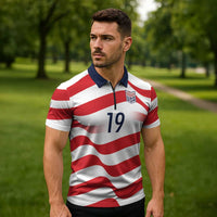 Custom World Football 2026 USA Zipper Polo Shirt Wavy American Flag Stripes Graphic