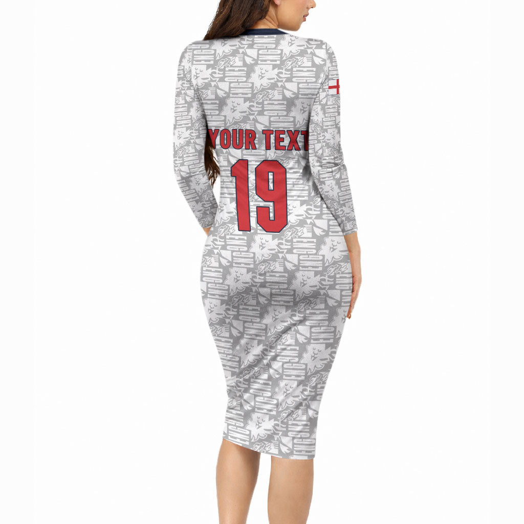 Custom World Football 2026 England Long Sleeve Bodycon Dress Three Lions Monogram White Glory
