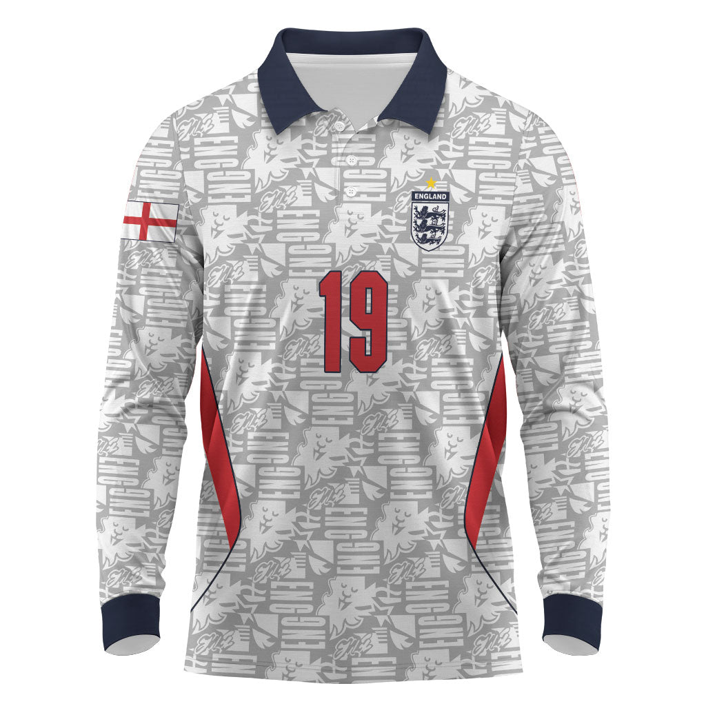 Custom World Football 2026 England Long Sleeve Polo Shirt Three Lions Monogram White Glory
