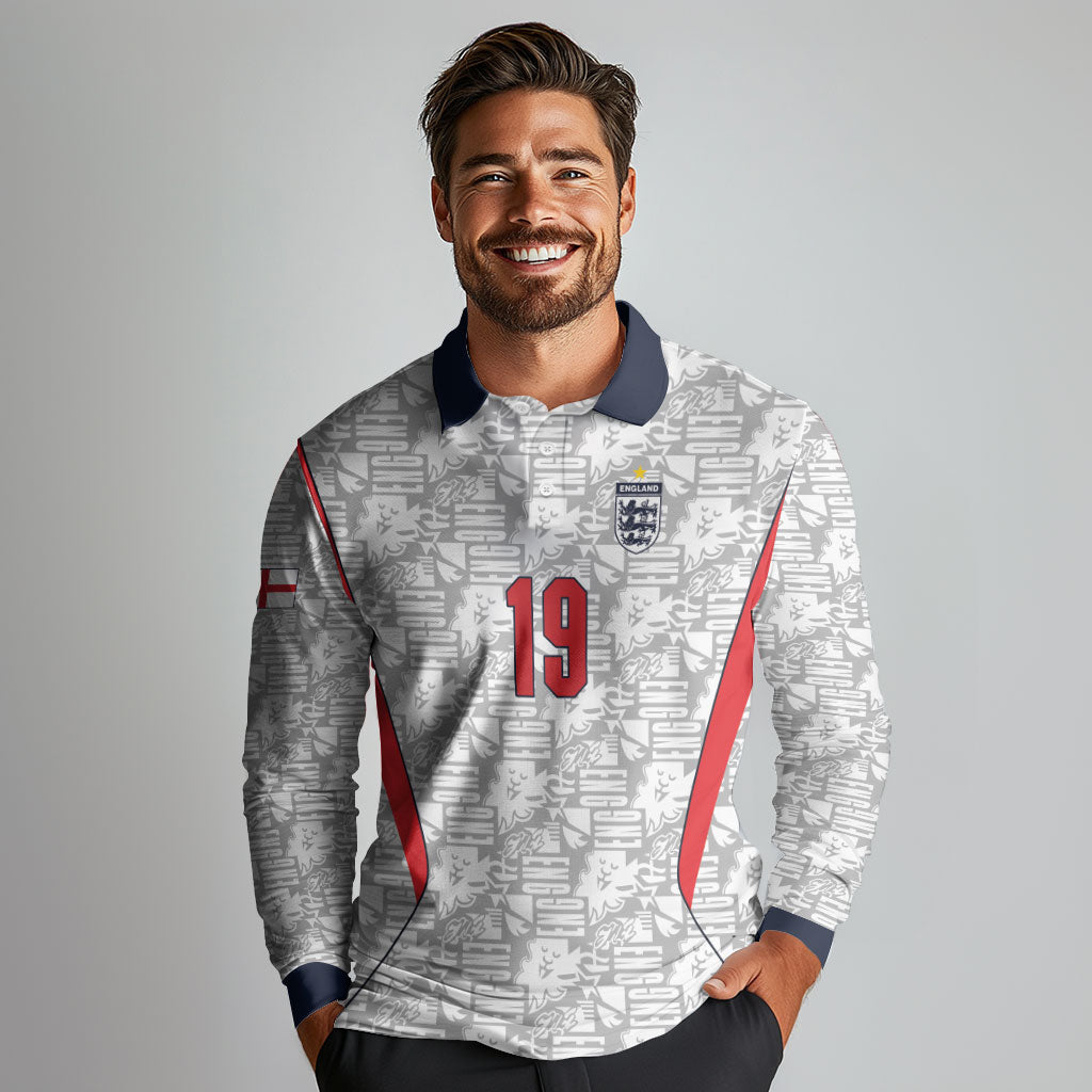Custom World Football 2026 England Long Sleeve Polo Shirt Three Lions Monogram White Glory