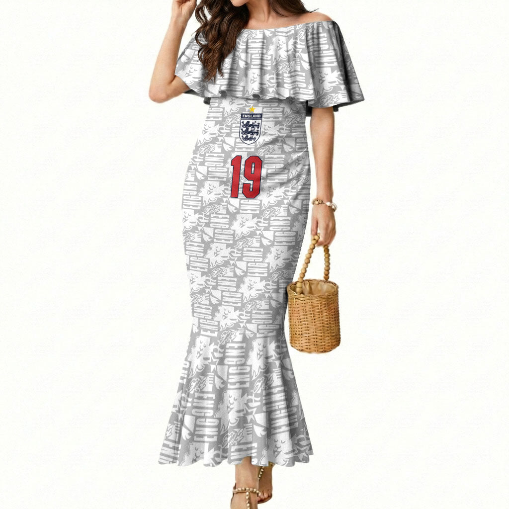 Custom World Football 2026 England Mermaid Dress Three Lions Monogram White Glory