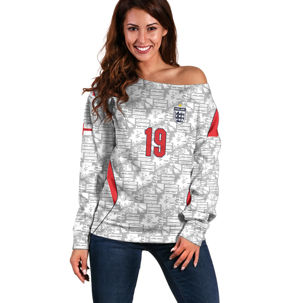 Custom World Football 2026 England Off Shoulder Sweater Three Lions Monogram White Glory