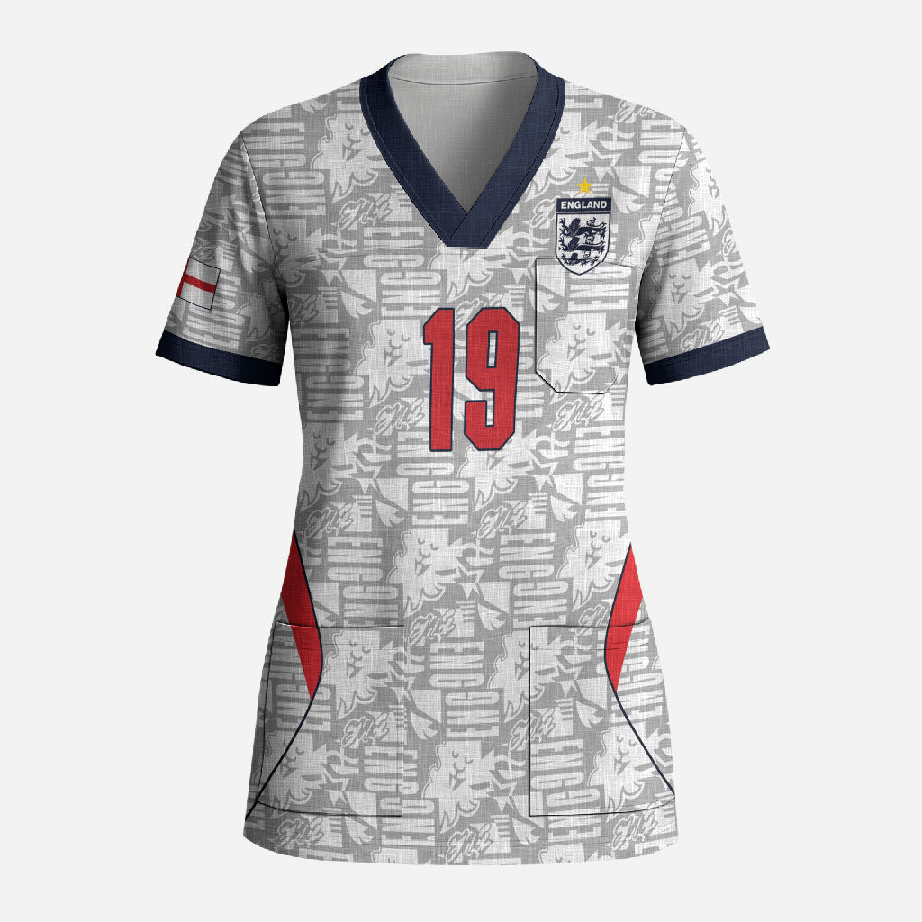 Custom World Football 2026 England Scrub Top Three Lions Monogram White Glory
