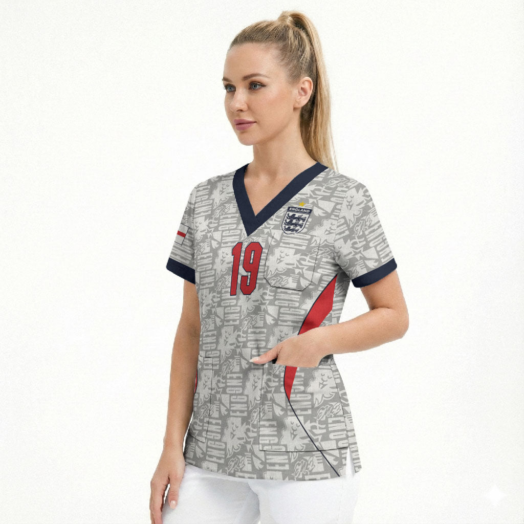 Custom World Football 2026 England Scrub Top Three Lions Monogram White Glory