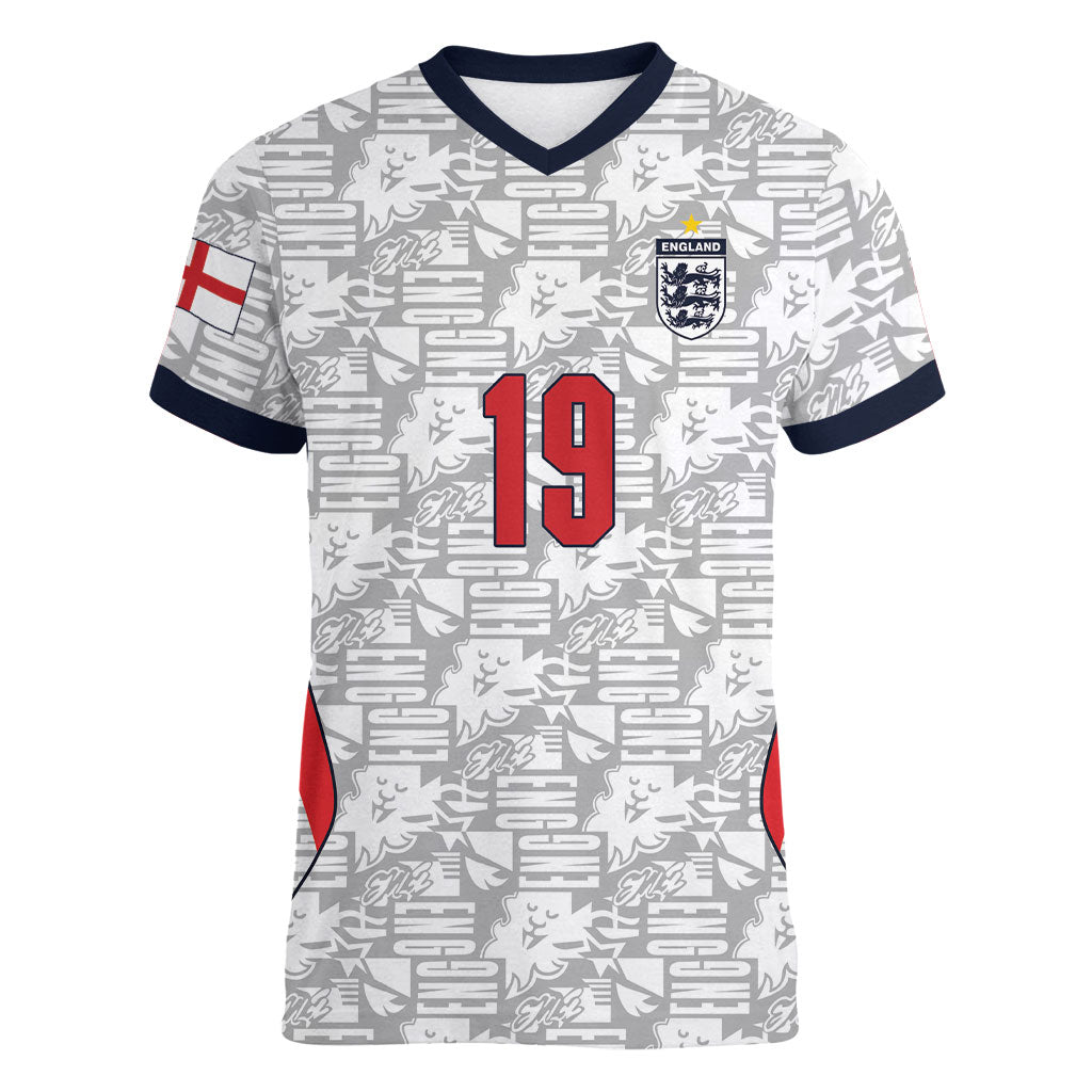 Custom World Football 2026 England Women V-Neck T-Shirt Three Lions Monogram White Glory
